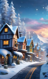 a row of houses with snow on the roofs and trees