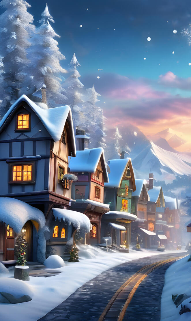 a row of houses with snow on the roofs and trees