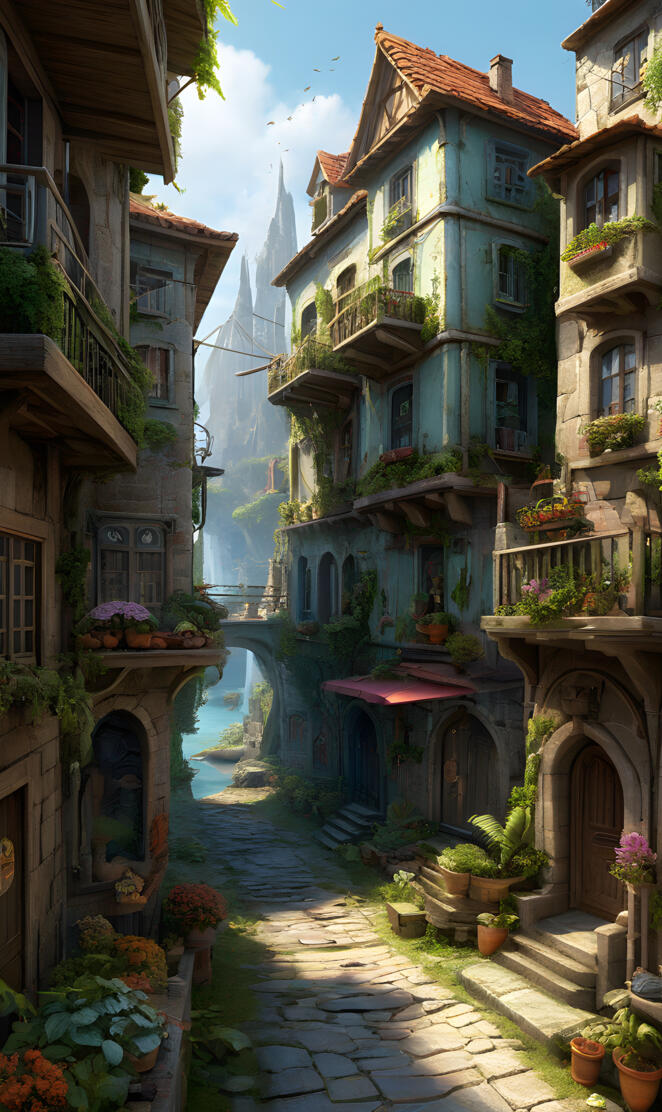 a row of buildings with plants and flowers on the stairs