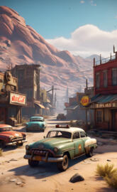 a row of cars parked in front of a building with mountains in the