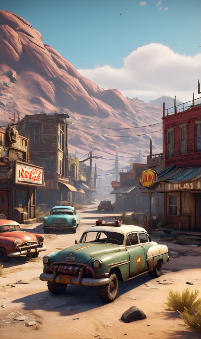 a row of cars parked in front of a building with mountains in the