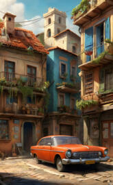 an orange car parked in front of a row of colorful buildings