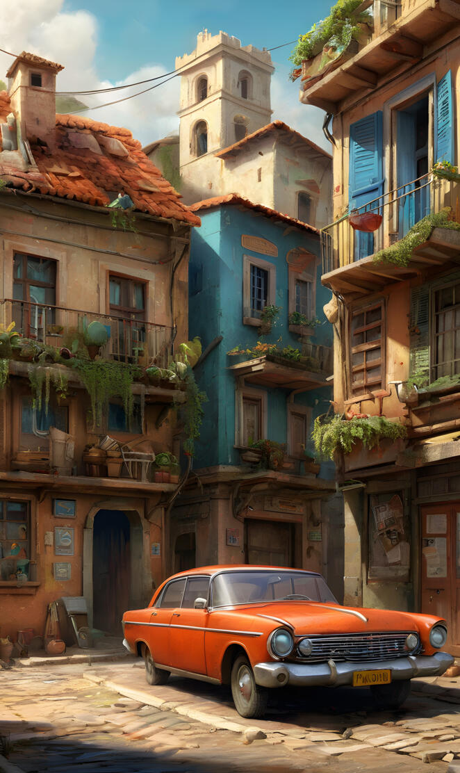 an orange car parked in front of a row of colorful buildings