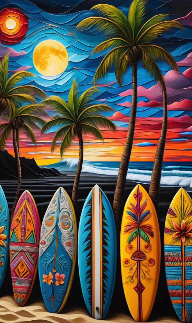 a group of surfboards on a beach