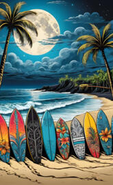 a group of surfboards on a beach