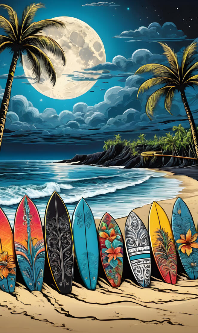 a group of surfboards on a beach