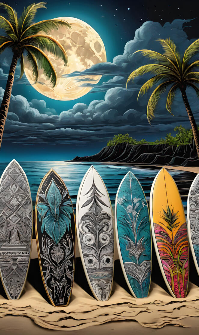 a group of surfboards on a beach