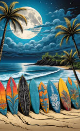 a group of surfboards on a beach