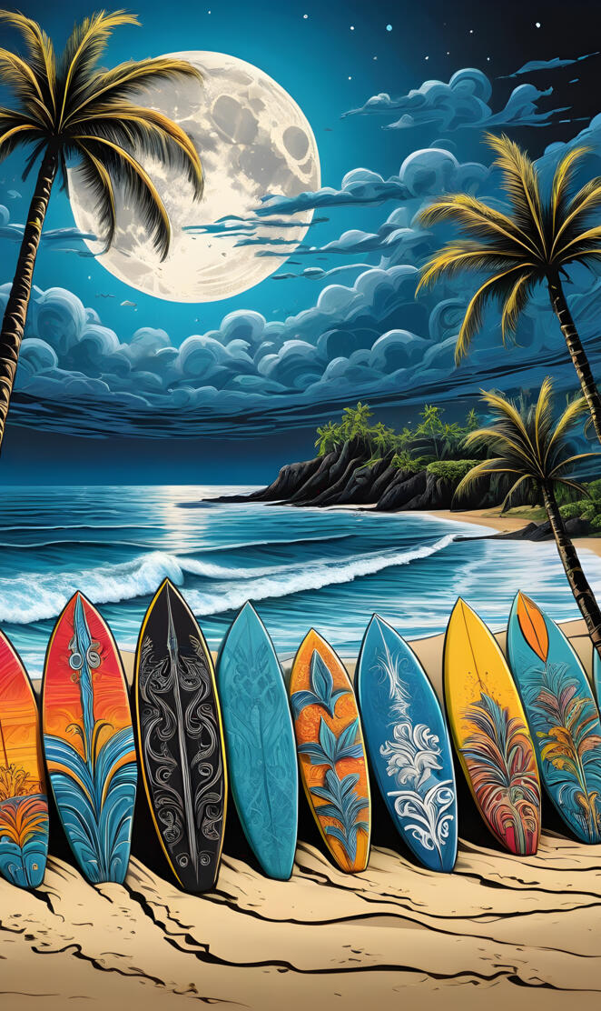 a group of surfboards on a beach