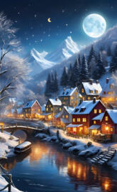 a row of houses on a snowy mountain side with a boat in the water