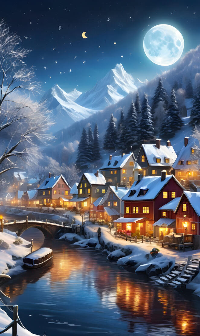 a row of houses on a snowy mountain side with a boat in the water