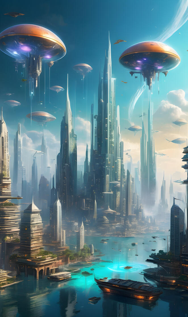 a city skyline with a river and boats