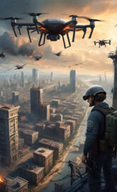 a group of people flying helicopters over a city