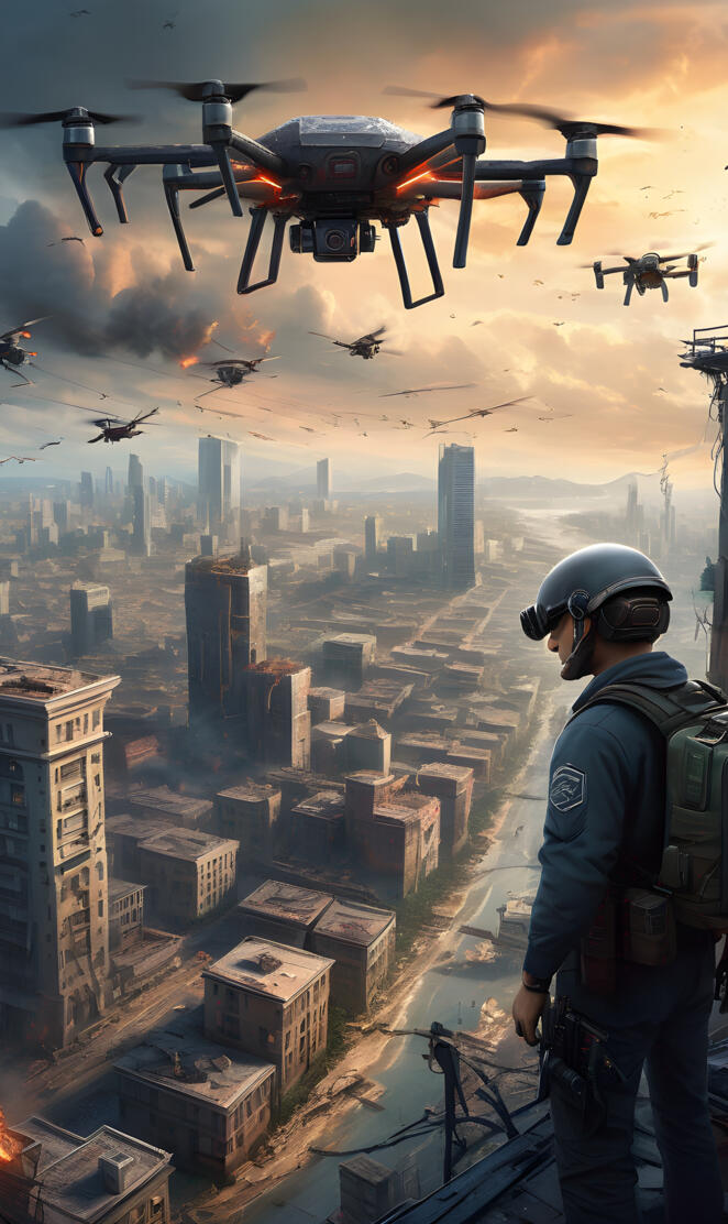 a group of people flying helicopters over a city