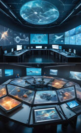 a futuristic science room with many monitors and a large screen
