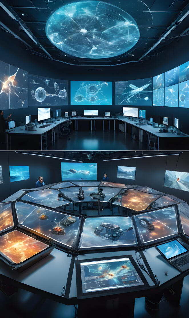 a futuristic science room with many monitors and a large screen