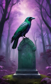 green crow in purple graveyard