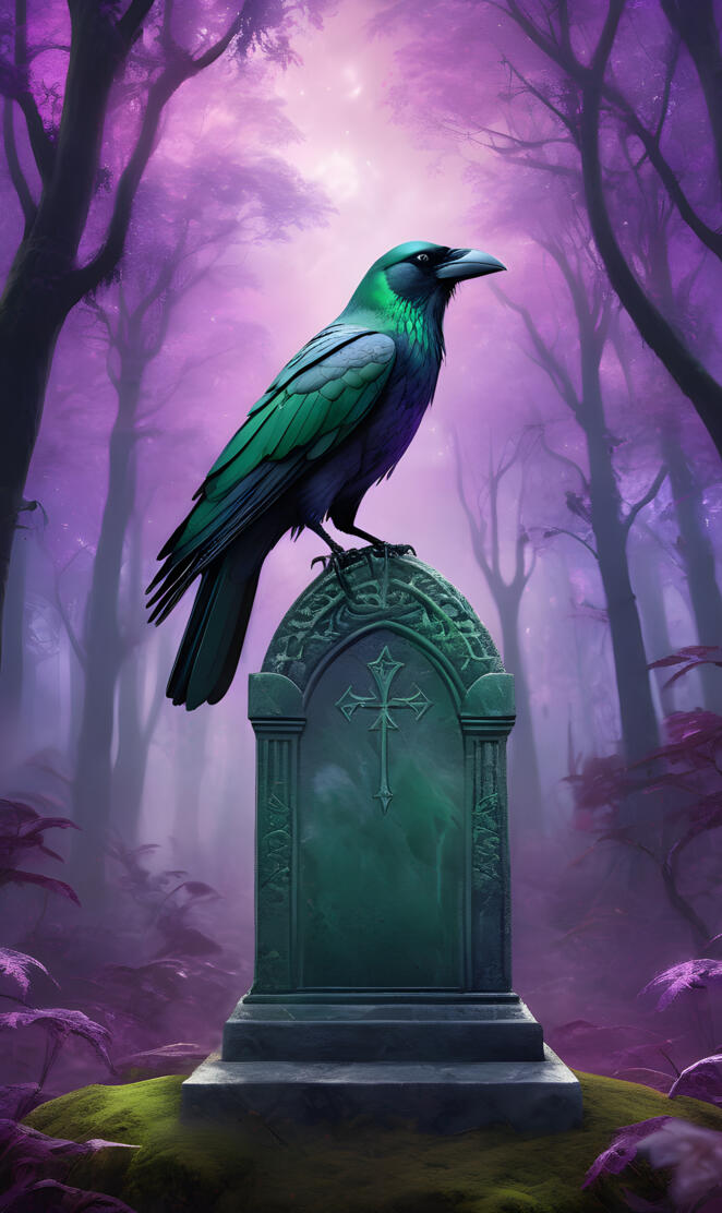 green crow in purple graveyard