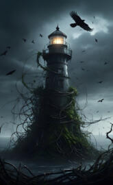 a lighthouse covered in vines with crows