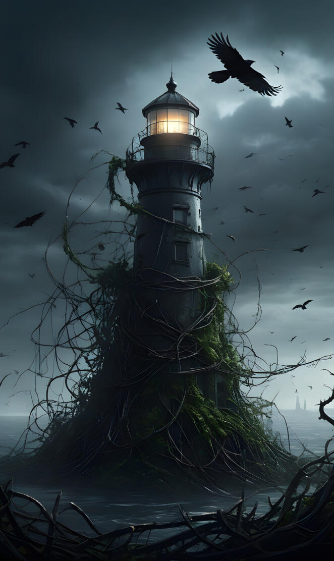 a lighthouse covered in vines with crows