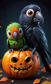 a couple of birds on a pumpkin