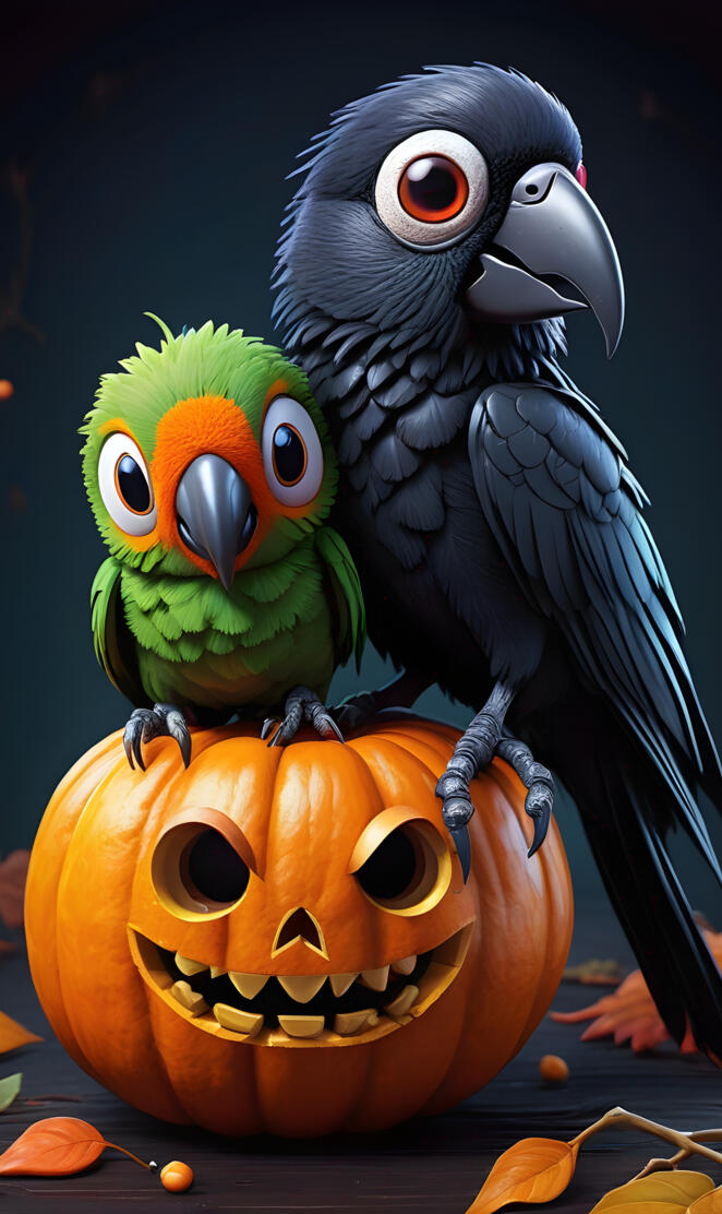 a couple of birds on a pumpkin