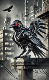 A futuristic black crow designed like a mechanical machine.