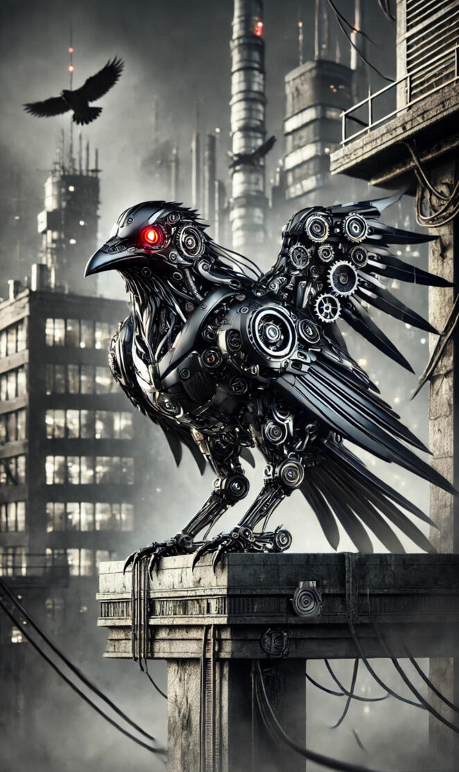 A futuristic black crow designed like a mechanical machine.