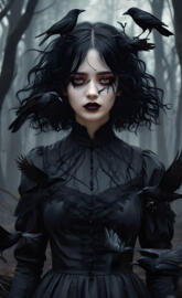 Sky Ferreira with black hair and a black mask with birds on her head