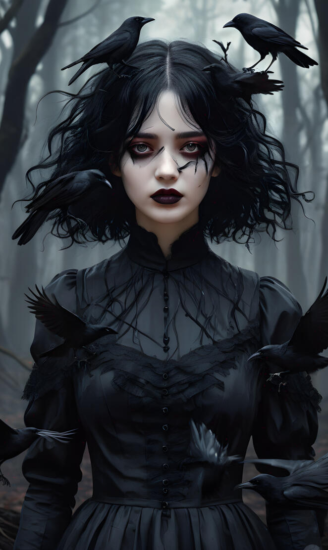 Sky Ferreira with black hair and a black mask with birds on her head