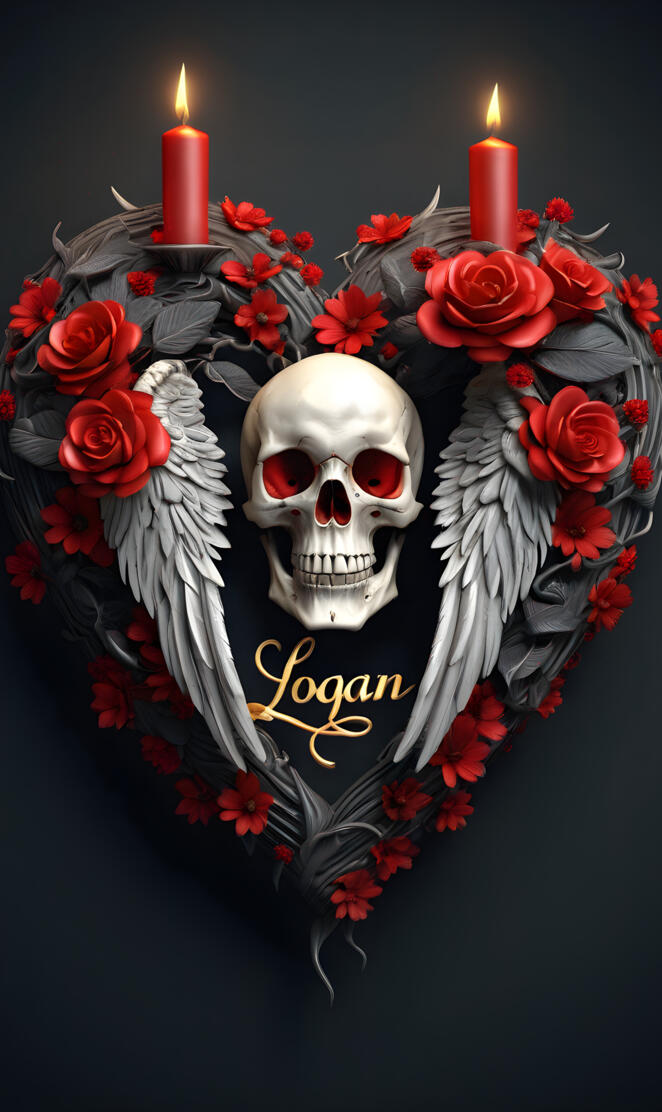 a skull with red flowers and a candle on a black background