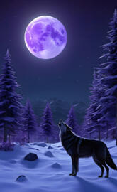 a wolf in the snow with a purple moon in the background