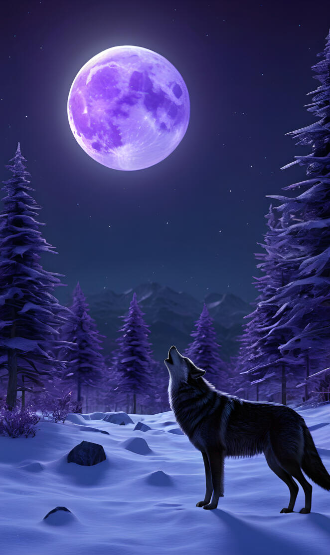 a wolf in the snow with a purple moon in the background