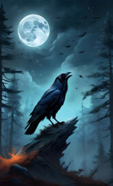 a bird on a branch in the snow with the moon in the background