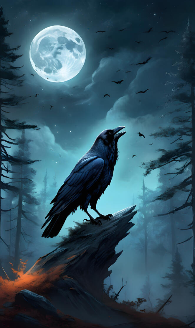 a bird on a branch in the snow with the moon in the background