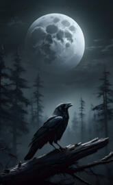 a full moon, a bird on a branch with the moon in the background