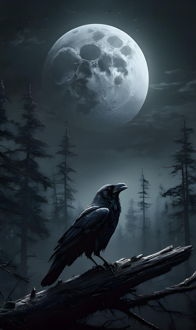 a full moon, a bird on a branch with the moon in the background