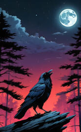 the full moon shines on a bird on a roof