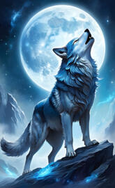 Blue wolf howling at moon.