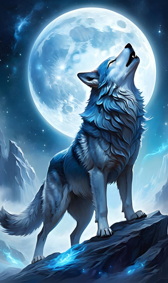 Blue wolf howling at moon.