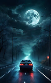 a car driving down a road with a moon in the sky