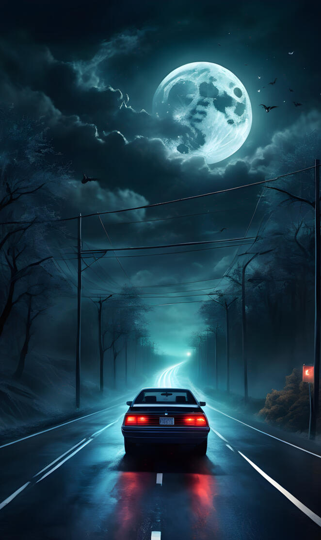 a car driving down a road with a moon in the sky