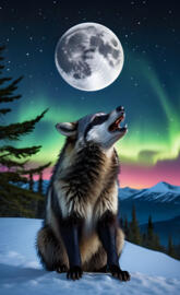 A Racoonwolf howling at the moon