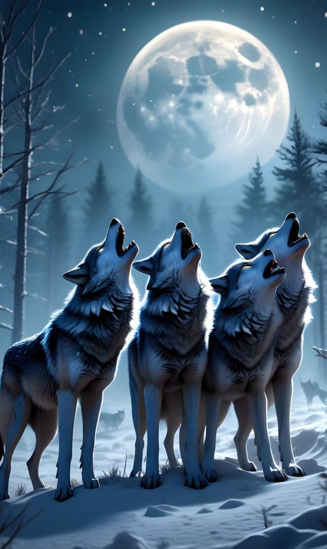 wolves howling at huge moon on a snowy night