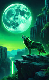 Neon green wolf howling at the moon