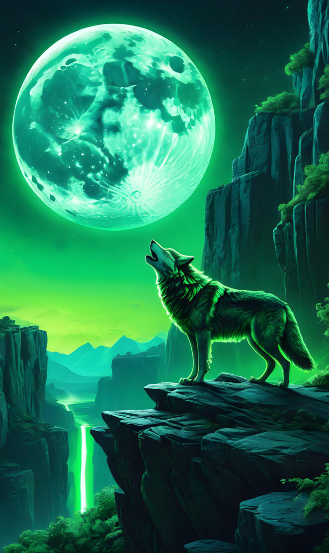 Neon green wolf howling at the moon