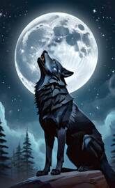 a wolf howling in front of a full moon