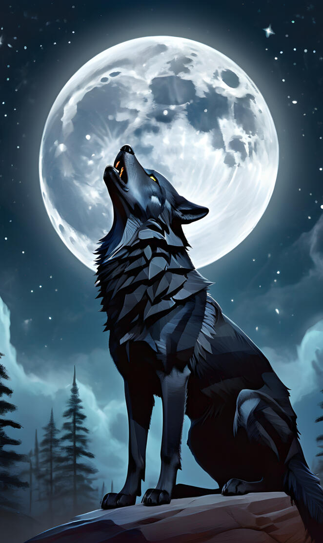 a wolf howling in front of a full moon