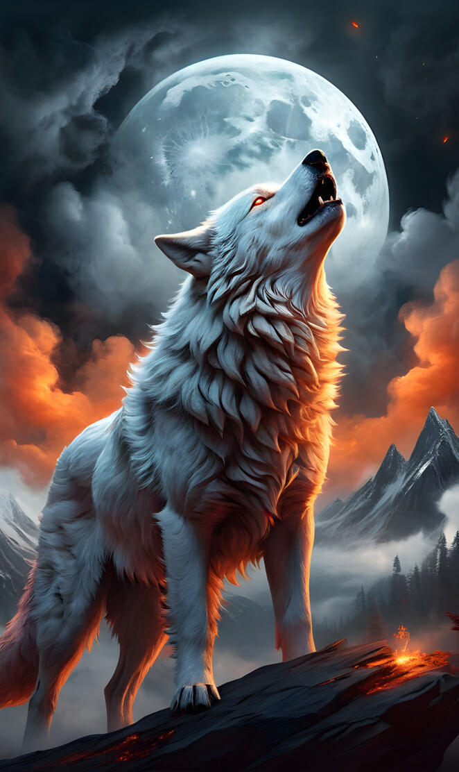 a wolf howling in front of a full moon