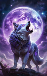a wolf howling at the purple moon